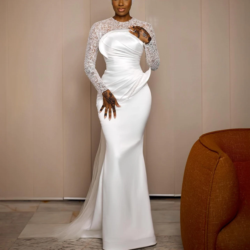 

Aso Ebi White Mermaid Wedding Dresses for Bride O Neck Long Sleeve Lace Pleats Beads African Bridal Gowns robes de mariee