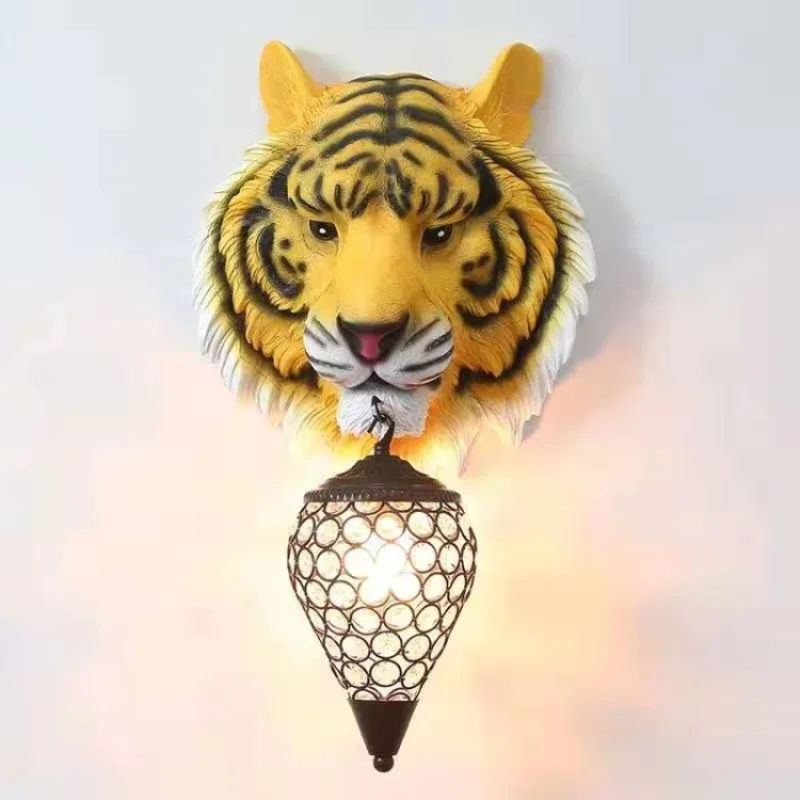 Tiger Wall Lamp for Hotel Villa Decoration Hanging Lantern Living Room Background Lamps Tiger Head Wall Light