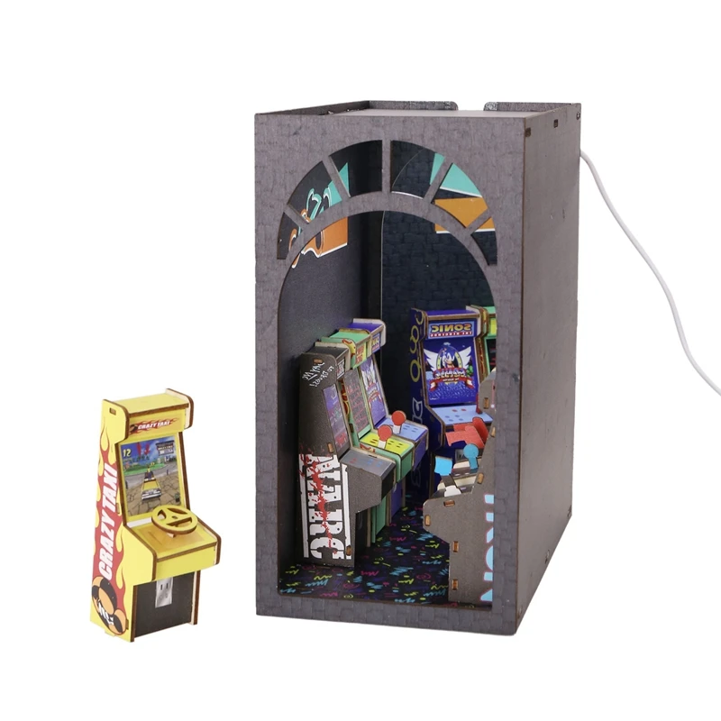 

Flynn's Arcade Themed Booknook, 3D Wooden Puzzle Booknook, DIY Book Nook Kit, LED Wooden Puzzle Bookend Bookshelf Insert