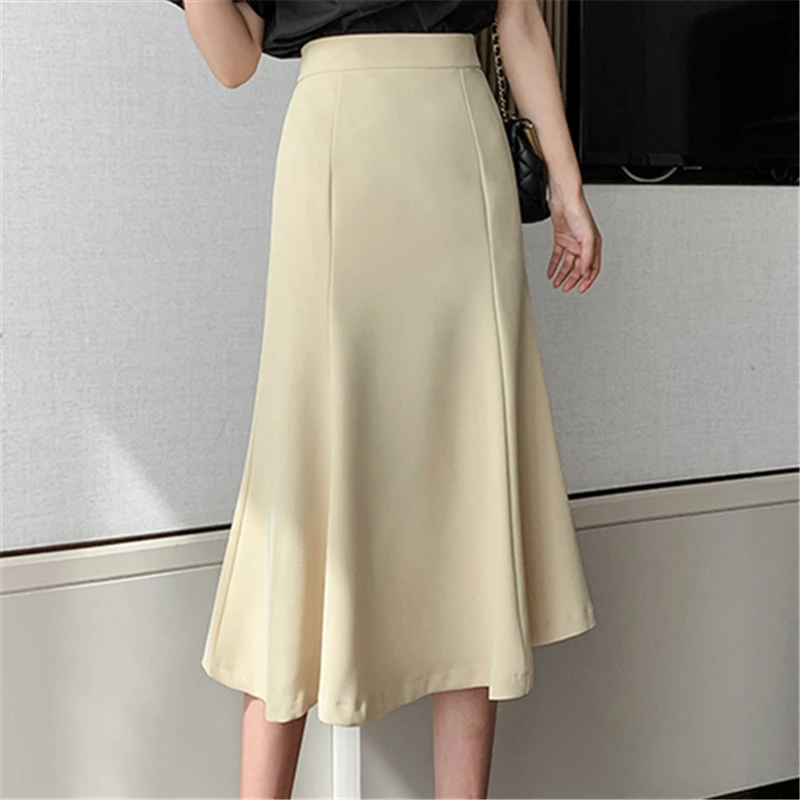 Seoulish Mid Length Fishtail Women\'s Skirt 2024 New Summer Spring High Waist Solid Color Office Lady Casual A-line Skirts Female