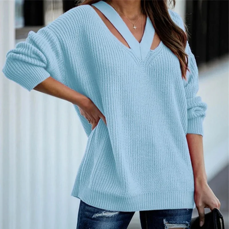 Eleganti maglioni lavorati a maglia in tinta unita da donna con scollo a v scava fuori pullover Casual allentati autunno inverno Street Fashion maglioni caldi