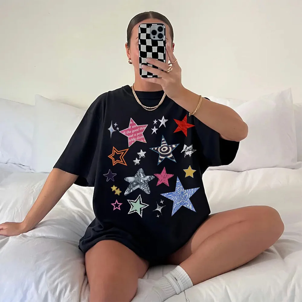 

Женские футболки с цветным принтом в виде пятиконечной звезды в стиле Y2K, летние, с коротким рукавом, свободные, хлопковые, модные уличные топы с круглым вырезом