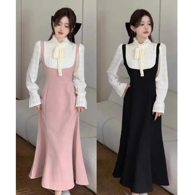 Korejepo Semi Turtleneck Long Sleeved Pure Gentle Dress Women Clothing 2024 New Fake Two Piece Appointment Romantic Vestido