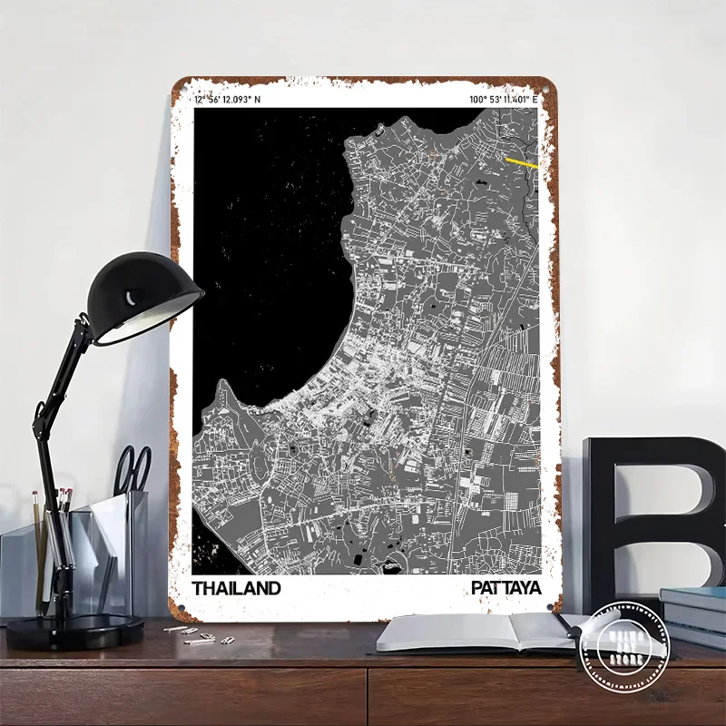 Pattaya City Street Map Poster Customized Wall Art Vintage Metal Signs Retro Tin Plaque for Man Cave Wand Deko Decoration Gaming