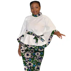 Original Design African Printing Women's Outfits Tailored White Blouses With Belt Patch Wax Skirts Africa Traditional Clothing