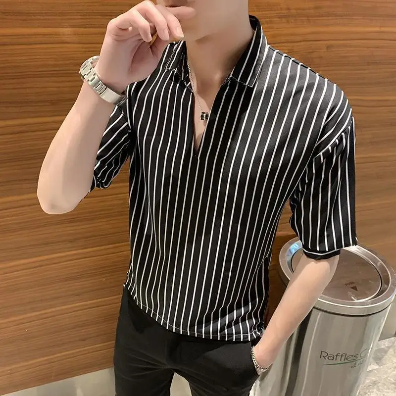 T-Shirts  Striped Elbow Sleeve Pullovers Simplicity Man Spring Summer Thin Handsome2023 Men\'s Clothing Turn-down Collar Casual