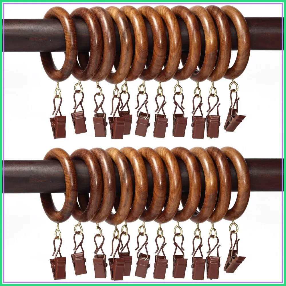 

50 Pcs Wooden Curtain Rings with Clips, 2.5 inch for 1-1.5 inch Rod, Window Shower Drapery Hooks, 1.75 INCH Inner Dia