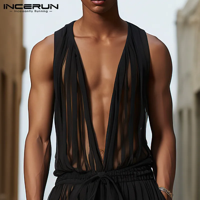 INCERUN 2024 American Style Jumpsuits New Men\'s Striped Perspective Design Rompers Fashion Party Hot Sale Deep V Jumpsuits S-5XL