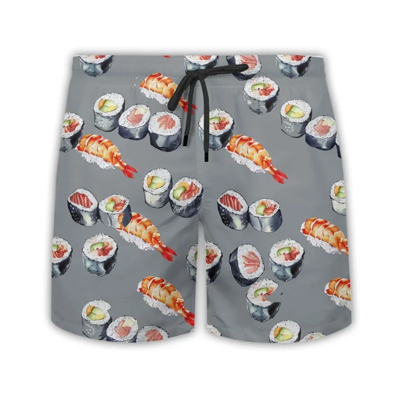 Delicious Sushi Shrimp Short Pants For Men Clothes Hip Hop Hawaiian Rice Balls Beach Shorts  Fast Food Bento Trunks Boy Bermudas