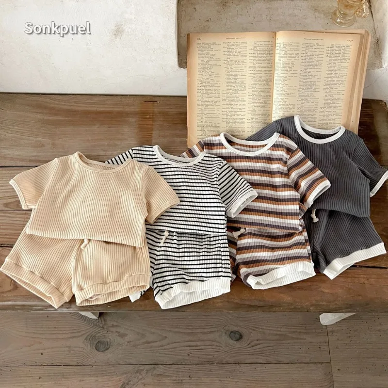 Korean Version Summer Kids Baby Girls Boys Short Sleeve Striped Top Tees +shorts Pants Infant Cute Pure Cotton Clothing Set