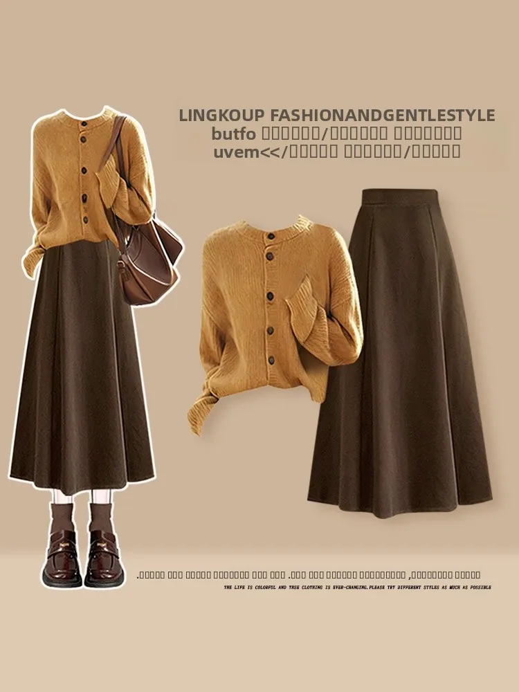 

Casual Knitted Sweater And High Waist Skirt Set for Women mid Autumn Fashion plus Size Clothing Meat Concealing College Style