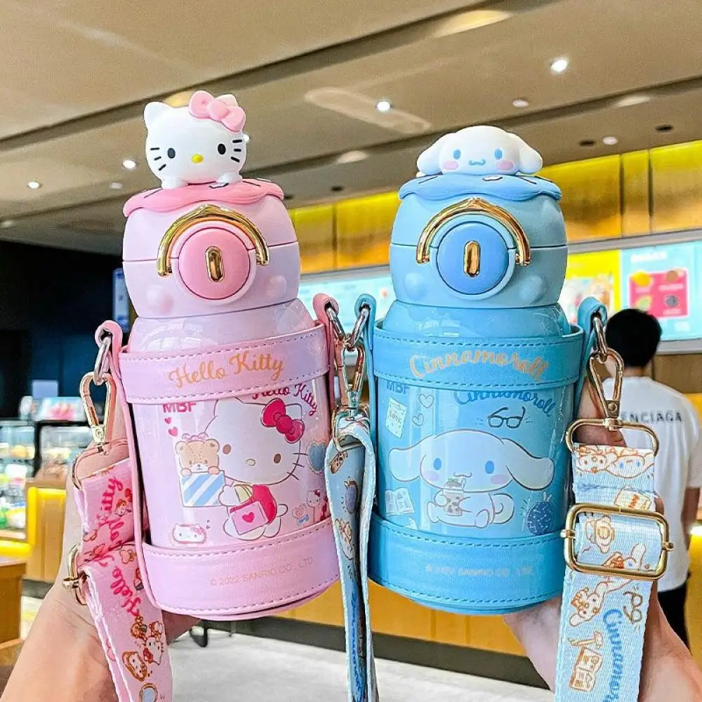 

480Ml Thermos Cup Kawaii Sanrio Kt Hello Kitty Cinnamoroll Anime Figure Straw Water Cup Outdoor Travel Strap Portable Child Gift