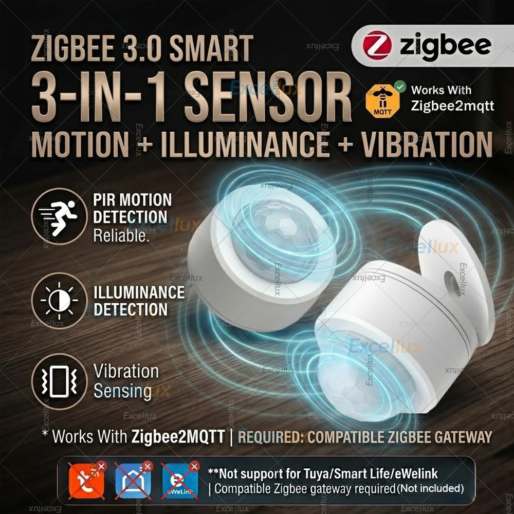Zigbee 3.0 Smart PIR-Bewegungssensor 3-in-1 Körperbewegungsmelder mit Beleuchtungs- und Vibrationserkennung für Smart Home Assistant Zigbee2MQTT