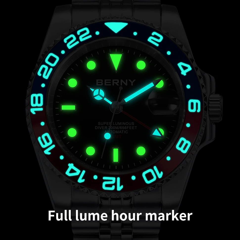 BERNY Men 20ATM Diving GMT Watch NH34 BERNY Automatic Self-Wind Wristwatch Super Luminous AR Sapphire Luxury Sport Watch For Men