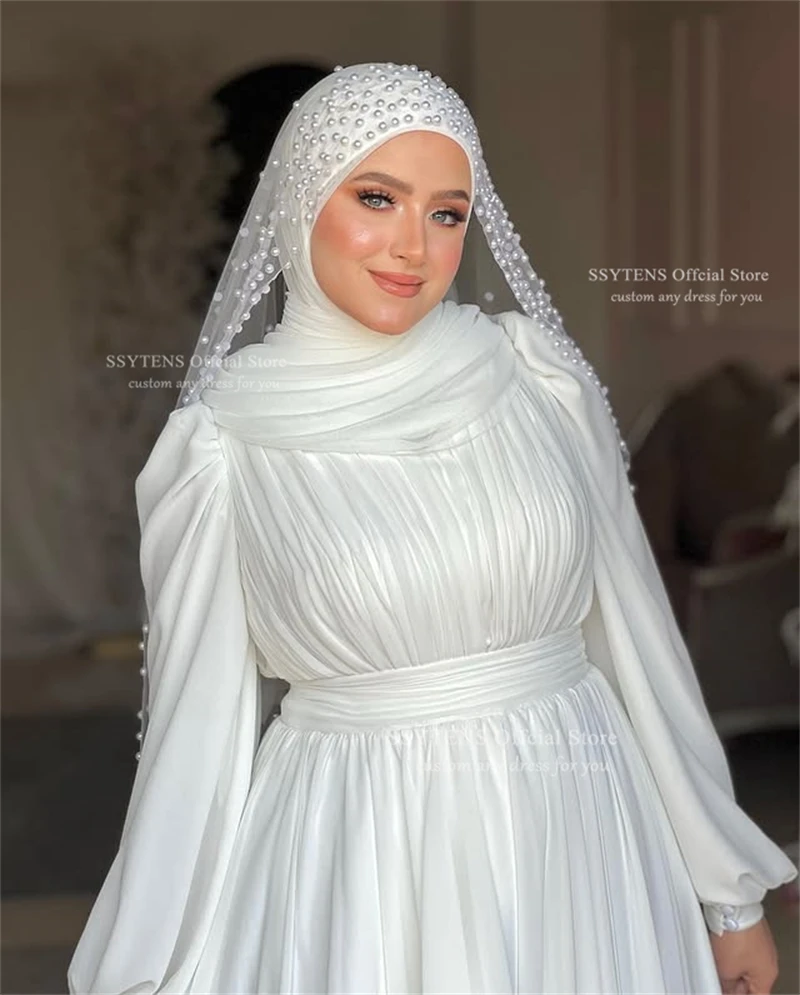 SSYTENS فساتين زفاف إسلامية بأكمام طويلة للعروس الحجاب رقبة عالية للنساء العربية دبي فساتين زفاف إسلامية بدون حجاب لؤلؤي #4