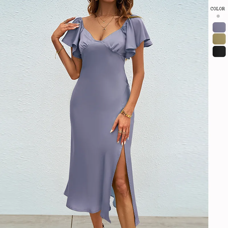 

2025 Summer New Style Casual Women's Dress - Plain-colored Corduroy Short-sleeved Sexy Slit A-line Dress