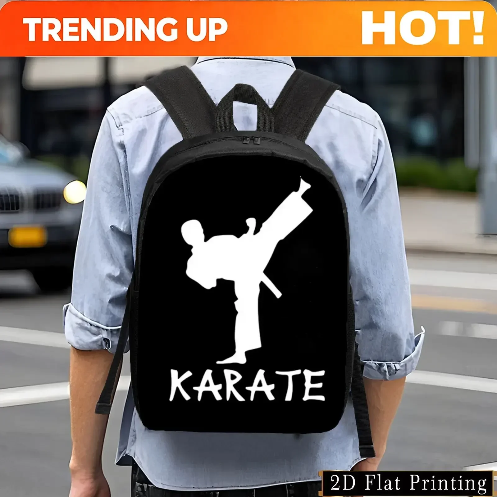Custom Karate Graphic Print Backpack Lightweight Large Capacity Foldable Daypack With Adjustable Straps & Side Pockets