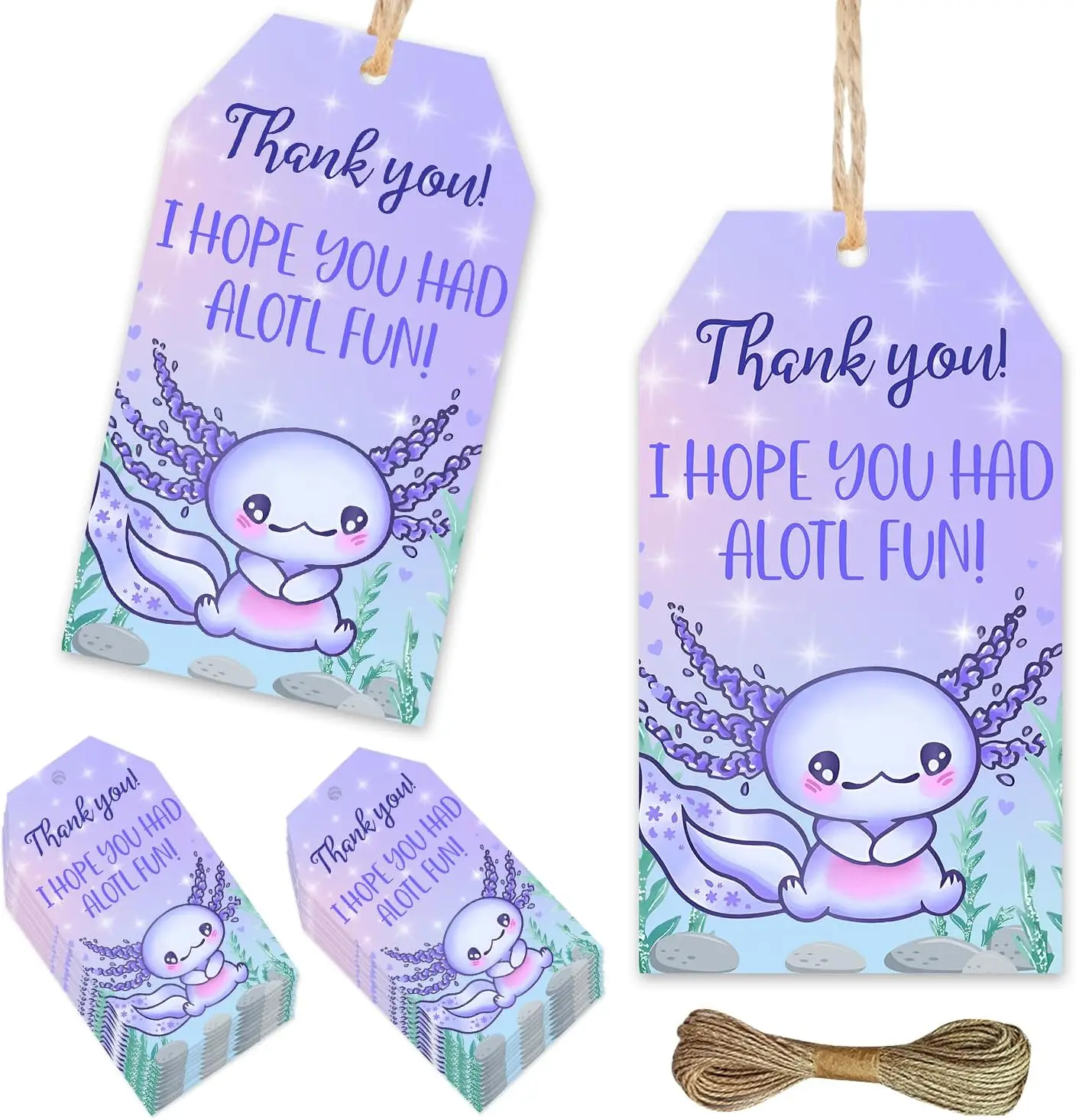 Obrigado Embrulho Tags, Favor Axolotl, Roxo, 50pcs Espero que você tenha diversão! Festa aniversário tema Axolotl roxo