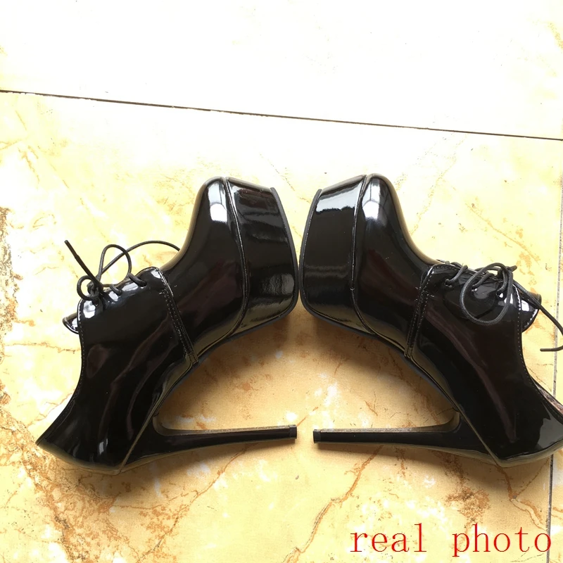 REAVE CAT Pumps Round Toe 13cm Thin high Heels Patent Leather Lace up Cross-tied Platforms 33-45 A2874