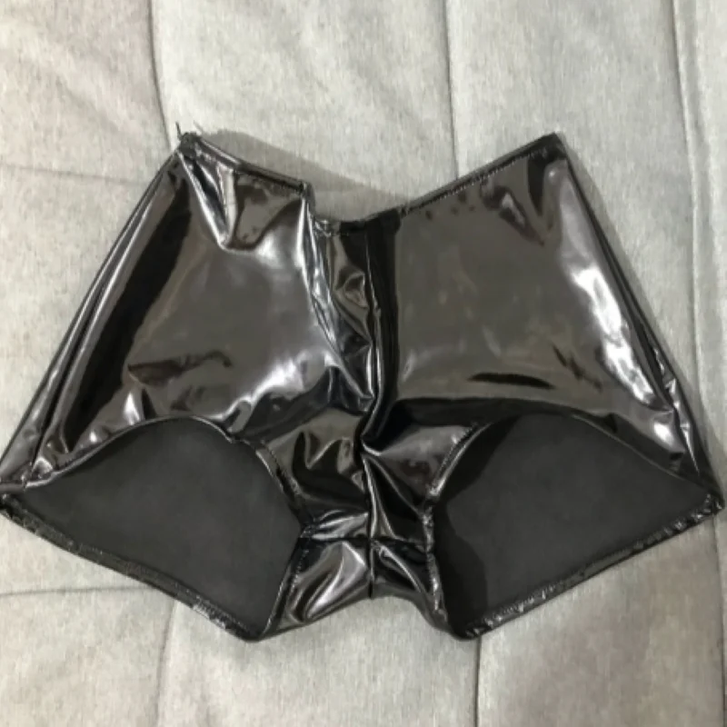 Black Glossy Elastic Patent Leather Shorts Convex Pouch Boxers Waterproof Trunks Nightclub Stage Performance Low Waist Shorts