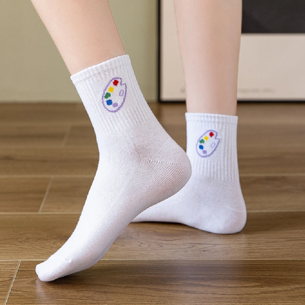 New Autumn Winter White Soft Sports Cotton Socks Hipster Street Graffiti Clouds Letter Heart Palette Eating Dropship