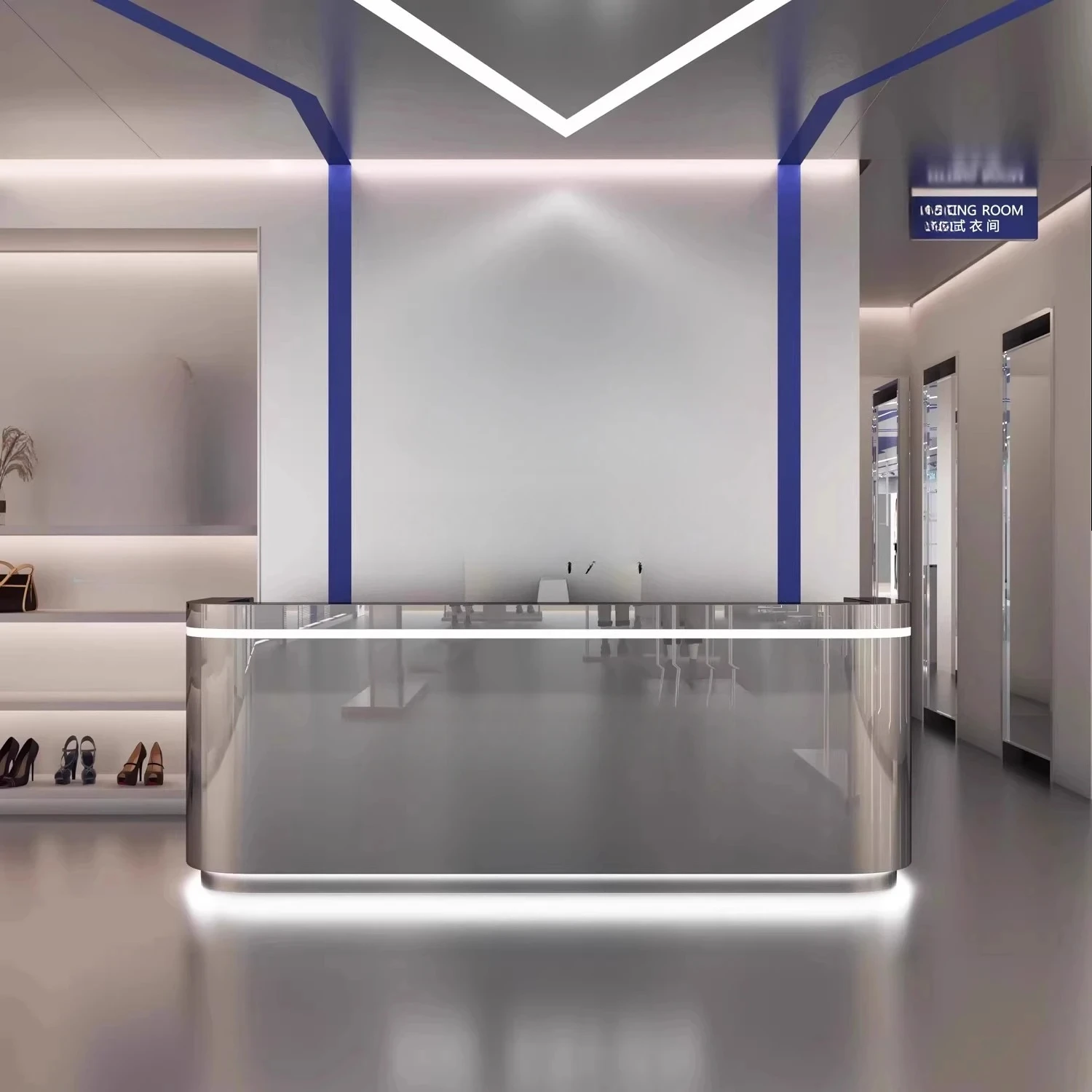 

Современная простая касса из нержавеющей стали. Легкий роскошный салон красоты. Небольшая стойка регистрации.