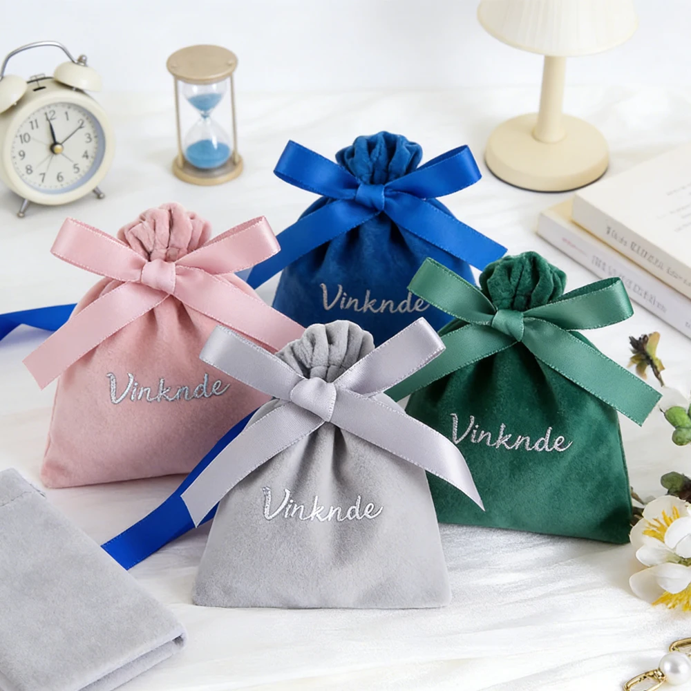 

100Pack Custom Logo Ribbon Drawstring Bag Velvet Jewelry Packaging for Ring Earring Bracelet Necklace Hairpin Gift Dust Pouch