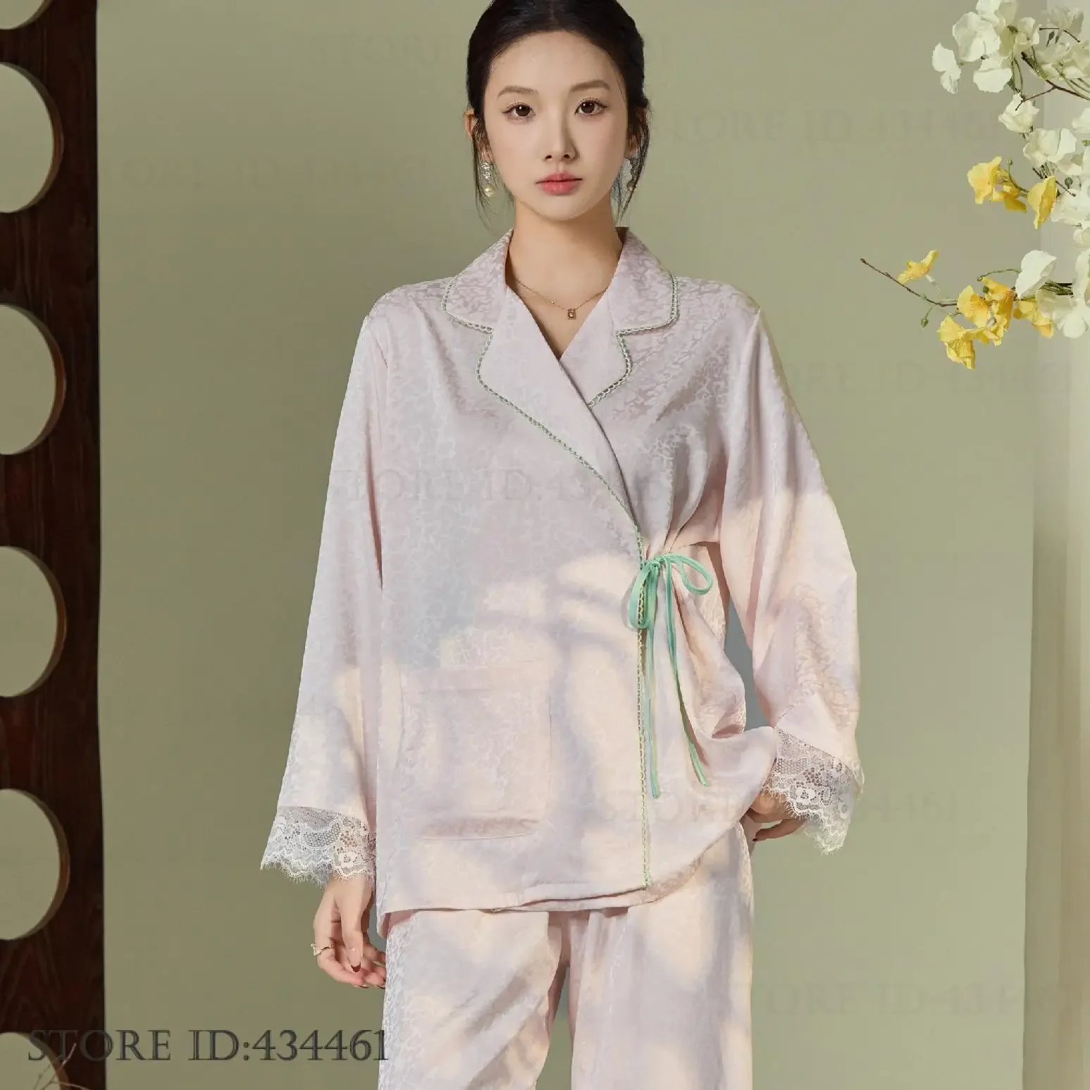 

New Chinese Style Pajamas 2PCS Set Autumn Long Sleeve Sleepwear Trouser Suits Sexy Jacquard Lace Trim Nightwear Loose Home Wear