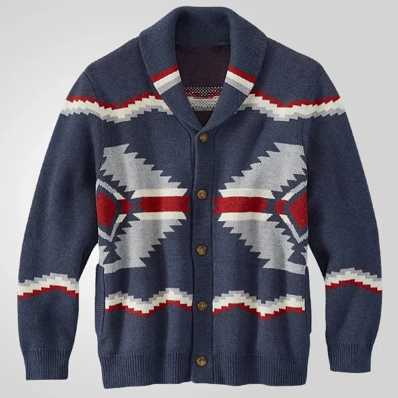 

Men Turn Down Collar Cardigan Sweaters Coat Full Sleeve Single Breasted Geometric Casual Knit Coats Open Stitch Autumn Winter