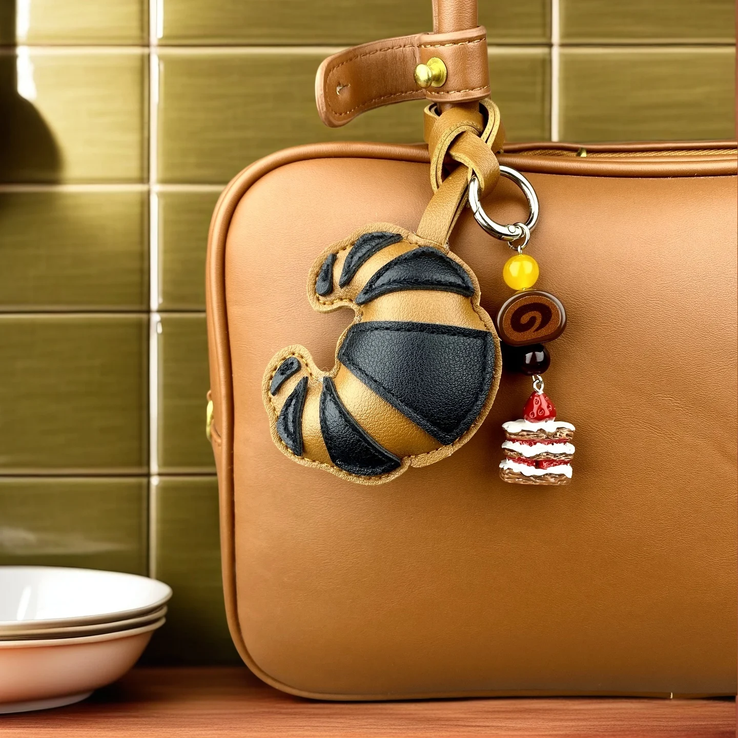 Realistic PU Leather Croissant Bag Charm Set-Cute Pastry Keychain with Swiss Roll/Napoleon Dessert Pendant, Trendy Purse Charm