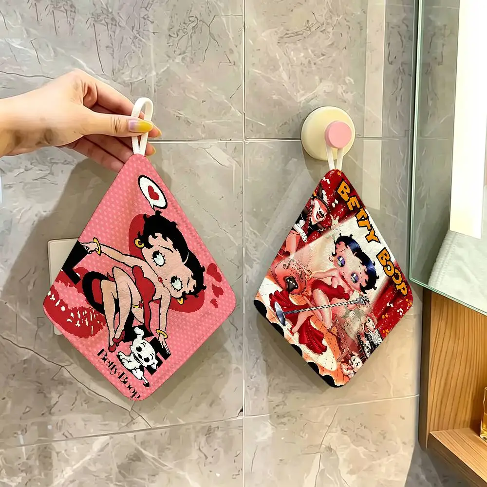 Pretty Cartoon B-Betty B-boop Hanging Kitchen Towel, Polyester Cotton Fabric, Absorbent Hand Wiping Towel for Home Dormitory