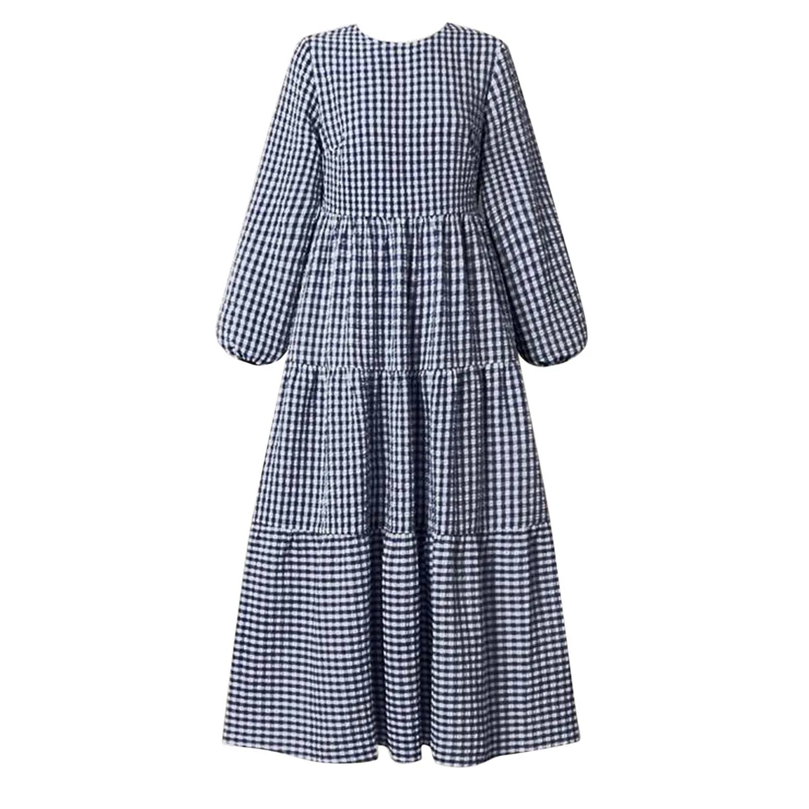 New 2024 Women's Vintage Plaid Checked Sundress Muslim Long Sleeve Elegant Ruffles Maxi Dresses Casual Female Muslim Robe