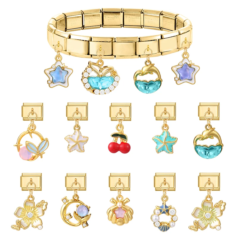 لامعة الزركون ذيل السمكة ستار الزهور الكرز الذهبي قلادة الإيطالية سحر الروابط صالح 9 مللي متر الفولاذ المقاوم للصدأ سوار النساء DIY بها بنفسك صنع #3