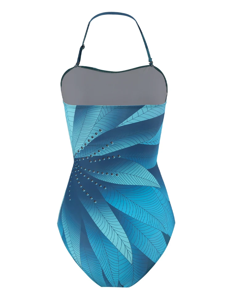 Bañador de una pieza con estampado de hojas azules para mujer, traje de baño elegante de cintura alta con cuello colgante, Bikini francés cubierto