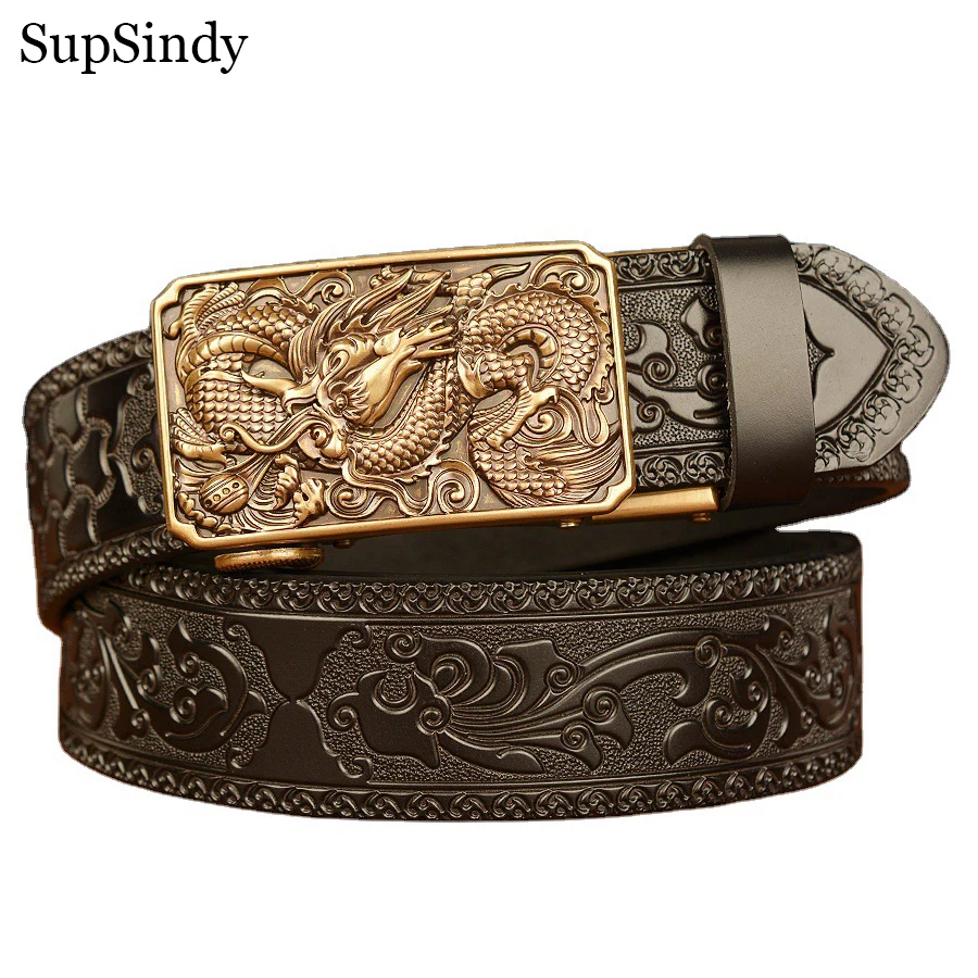 

SupSindy New Men Genuine Leather Belt Luxury Gold Dragon Metal Automatic Buckle Cowhide Belts for Men Jeans Waistband Male Strap