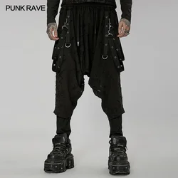 PUNK RAVE Men's Dark Elastic Waist Loose Holes Crotch Pants Punk Fashion Free Casual Black Trousers Spring & Autumn Streetwear
