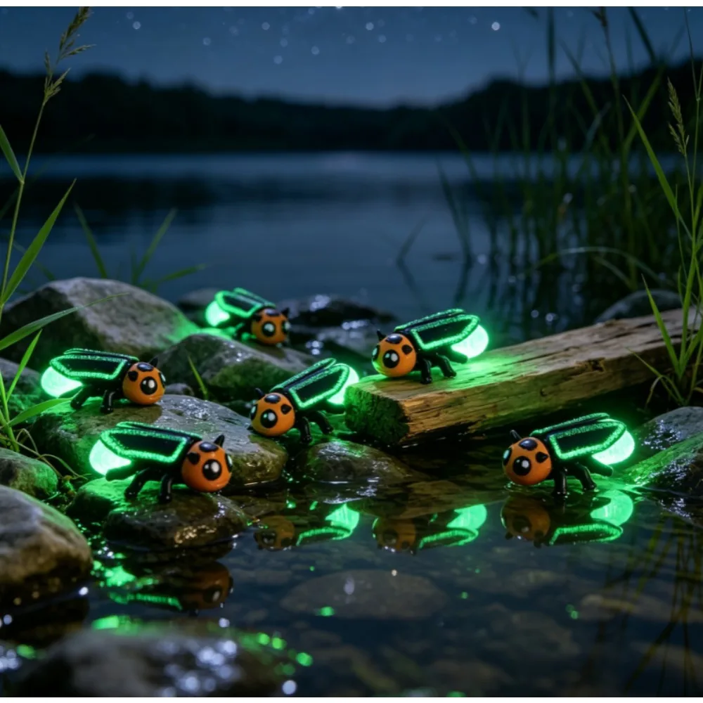 6Pcs 3D‑Printed Luminous Glow‑in‑the‑Dark Firefly Ornaments Colorful Glowworms Mini Figurines Home Desk Outdoors Decor Kids Gift