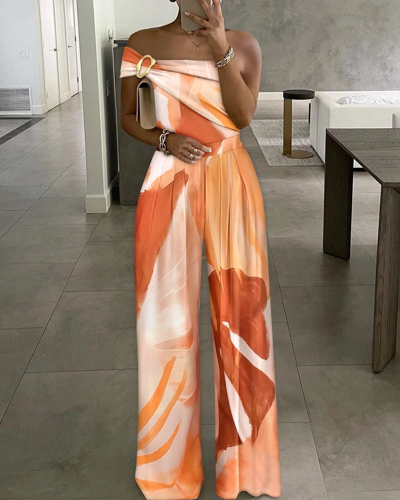Jumpsuit Women 2025 Summer Metal Ring Decor All Over Print One Shoulder Ruched Jumpsuit Casual Pleated Wide Leg Jumpsuit