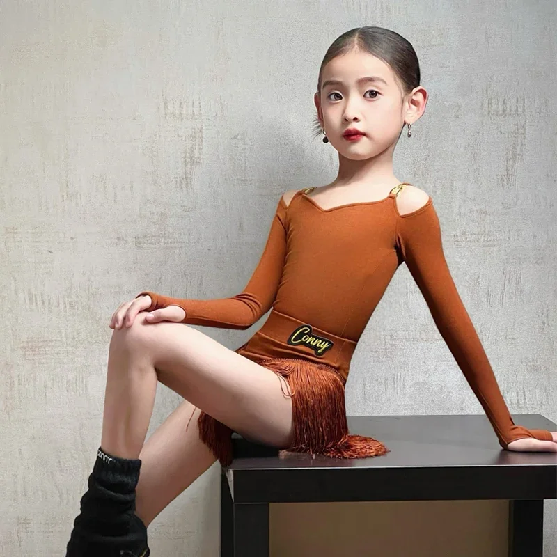 

2025 Girls Latin Dance Costume Dancing Performance Dress Cha Cha Practice Tassels Skirt Split Set Kids Competition Wear