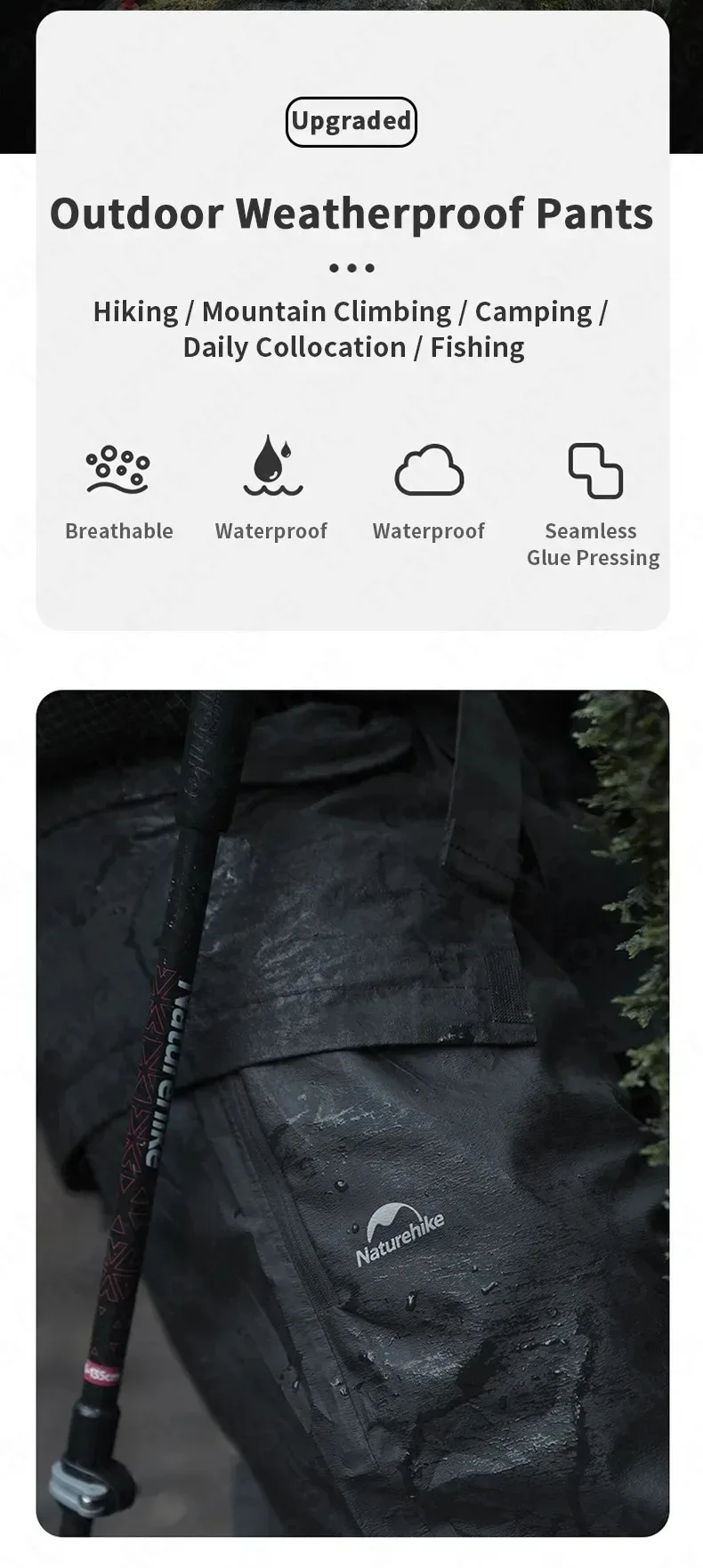 Nature hike regens ichere Hose im Freien tragbare Wander reise wasserdichte atmungsaktive Angel hose Männer Frauen wind dichte Sport hose – Detail 2