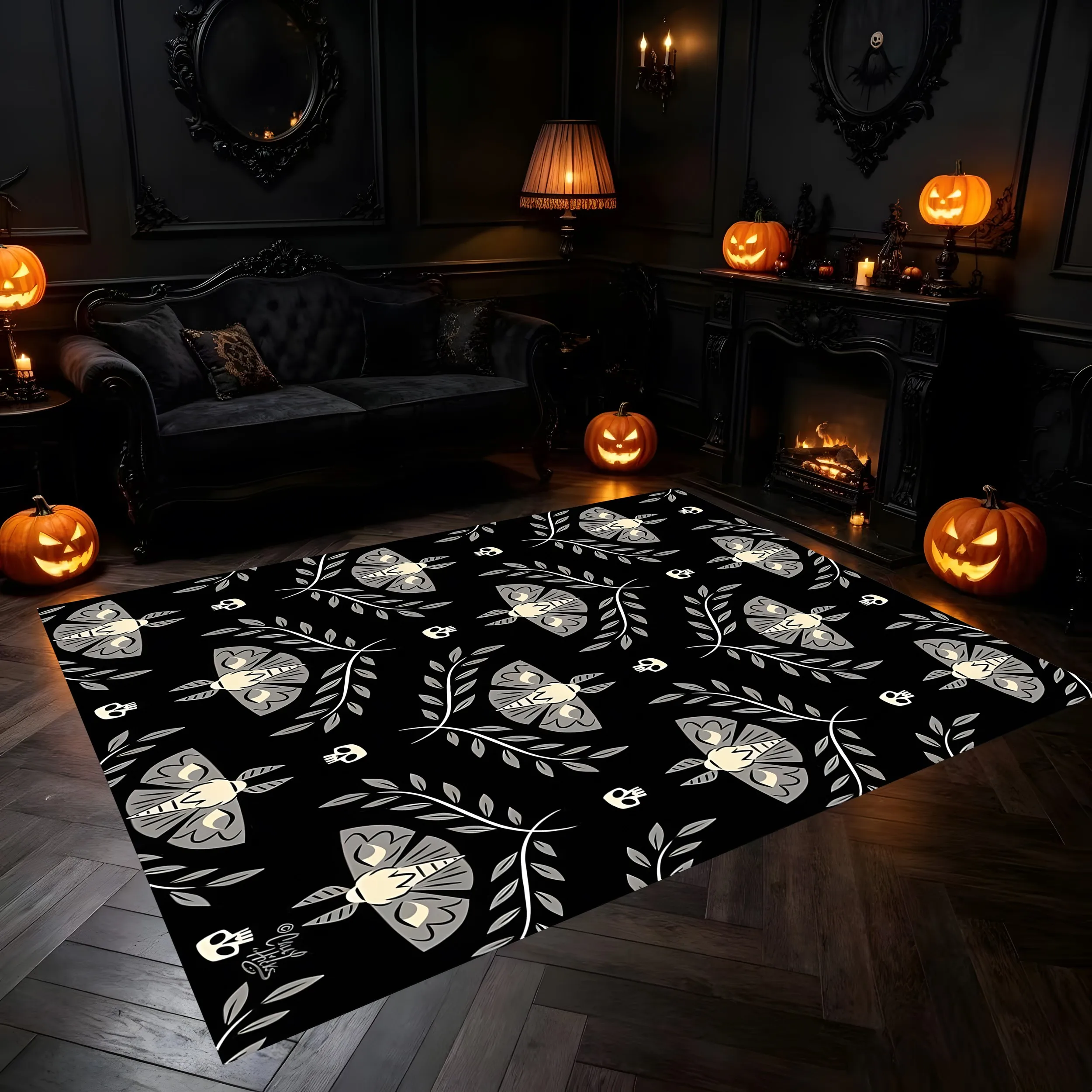 2D Large Carpet Skull Moth Vine Dark Gothic Style for Living Room Bedroom