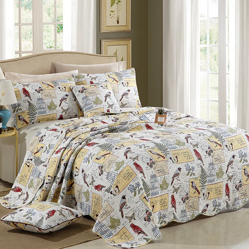 

Quilted Cotton Bedspread Set, Flower and Birds Print, Padded Bed Cover, Queen Size Blanket, Soft Coverlet, Home Bedding Set 3Pcs