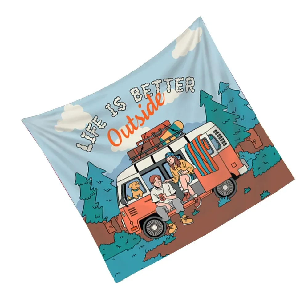 Retro Camper Van Tapestry, Outdoor Adventure & Forest Scene Wall Hanging, Boho Camping Decor for Bedroom Dorm Background