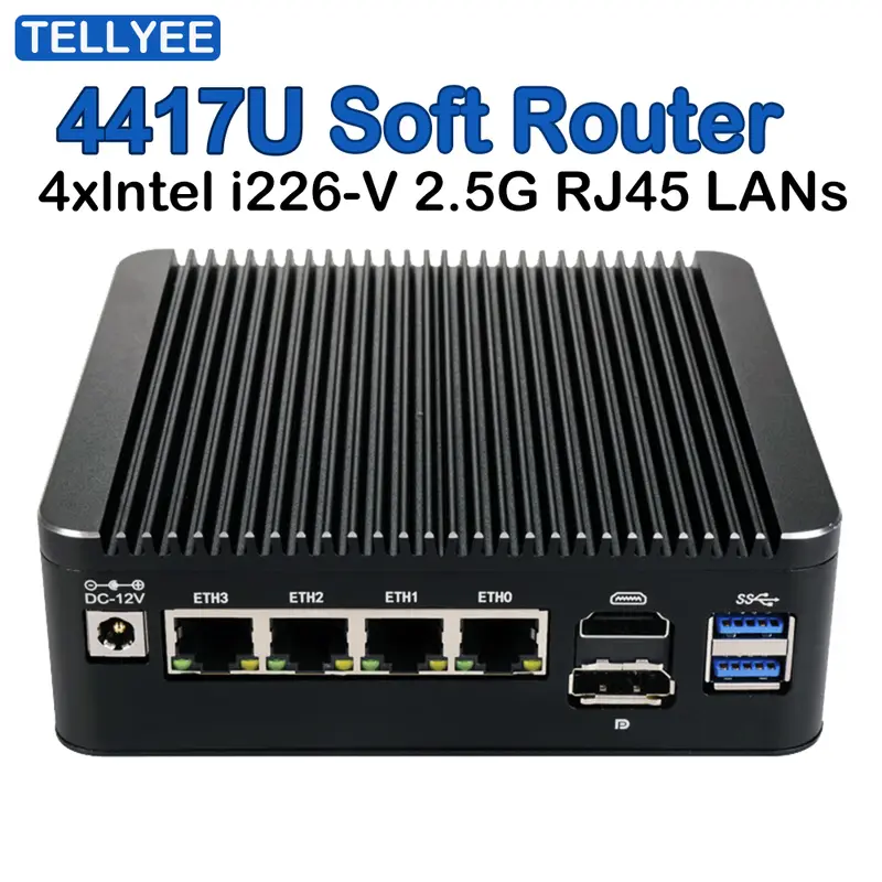 Mini PC sin ventilador con puertos LAN RJ45 y conexiones HD, DP y USB-C