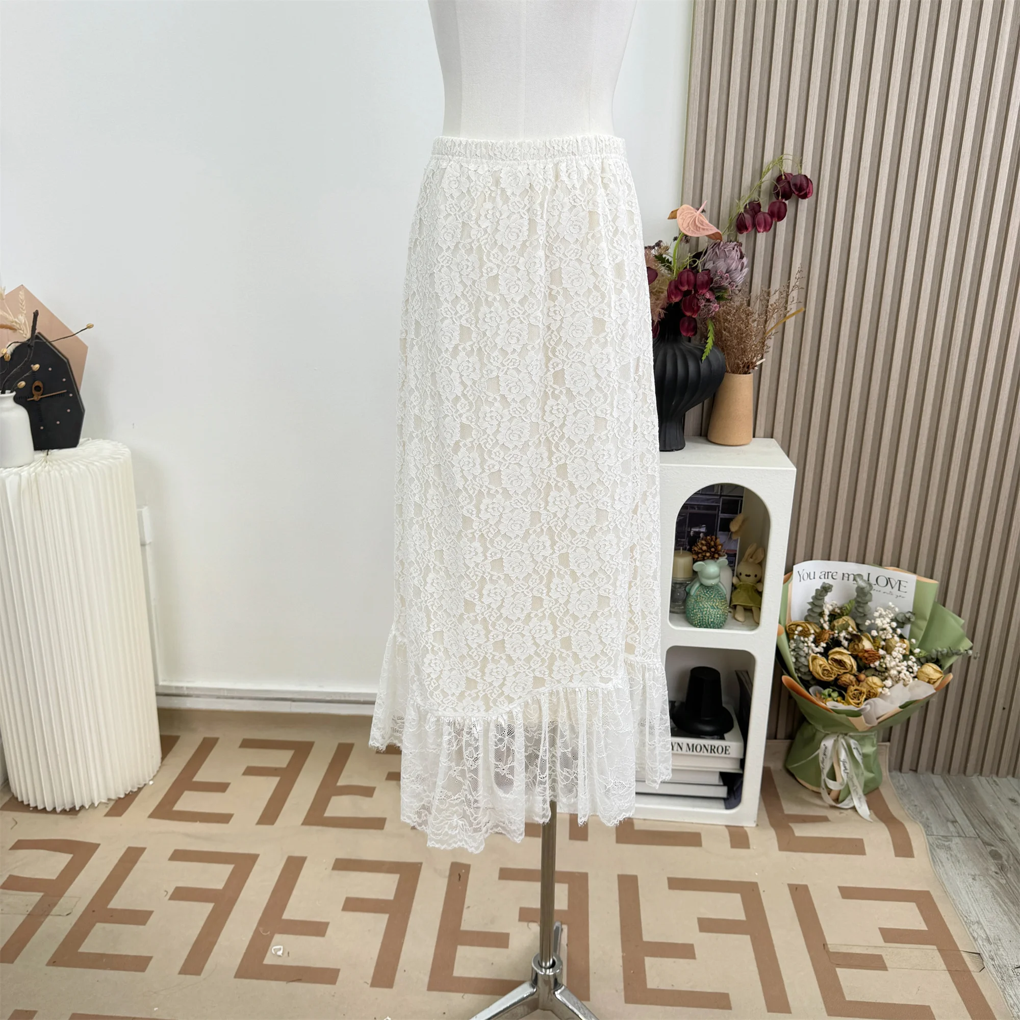 

Женская элегантная юбка-русалка с эластичным поясом, кружевом и цветочным узором, однотонная, с высокой талией, длинная юбка-«рыбий хвост»