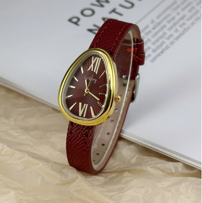 

Роскошные кварцевые овальные часы со змеиным дизайном, винно-красный кожаный ремешок, элитный модный аксессуар для женской одежды