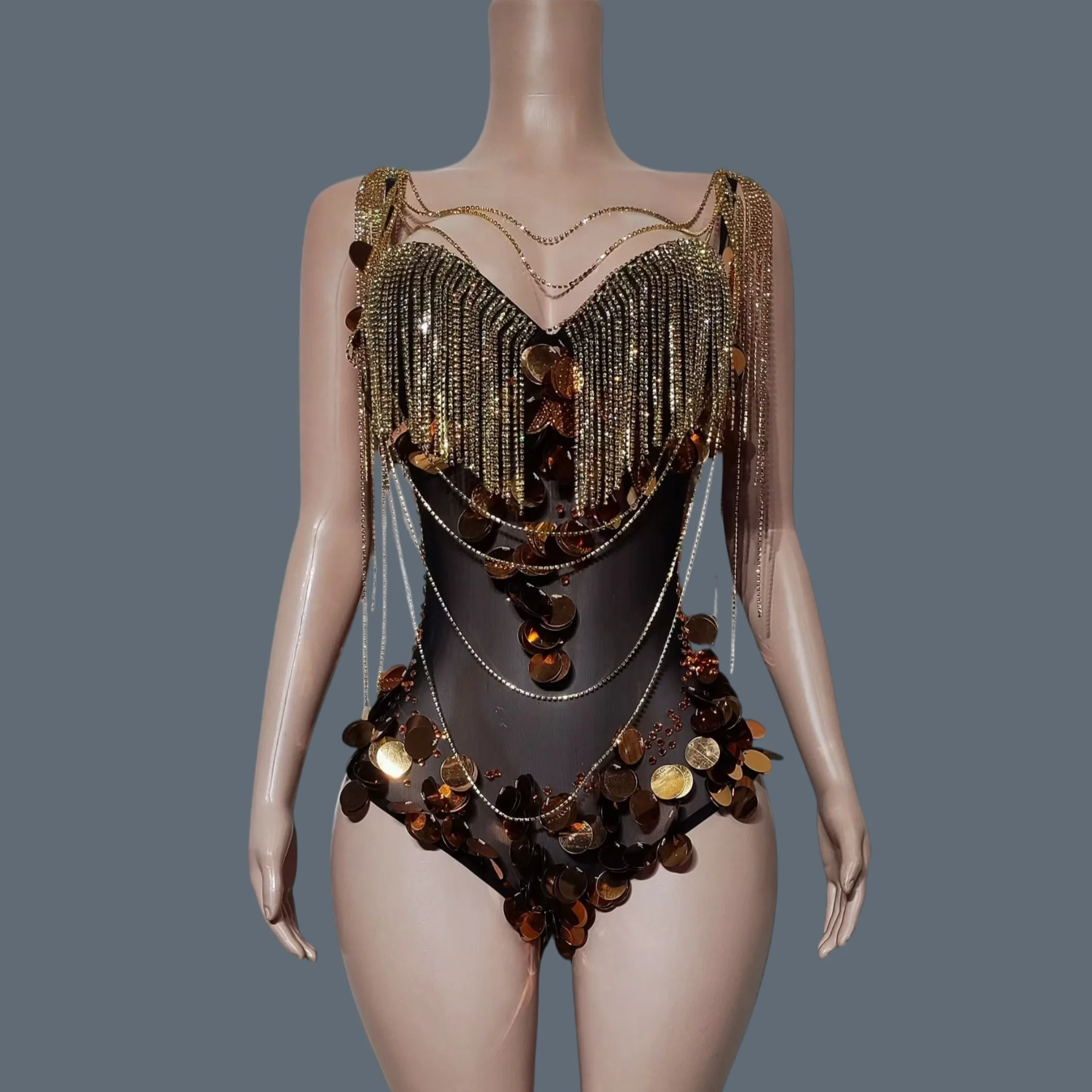 Sexy See Through Mesh Tight Fitting Bodysuit Sparkly Sequins Rhinestone Drag Queen Performer Wear Women Dance Outfit Fanersai