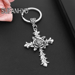 Silver Color Gothic Cross Key Chains House Vintage Rose Flower Keychain Punk Gift for Women and Men