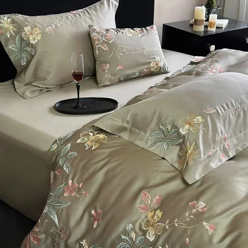 4Pcs Flower Embroidery Duvet Cover Set Soft Chic Bedding Set 1 Comforter Cover 1 Bed Sheet 2 Pillowcases Double Queen King 4Pcs