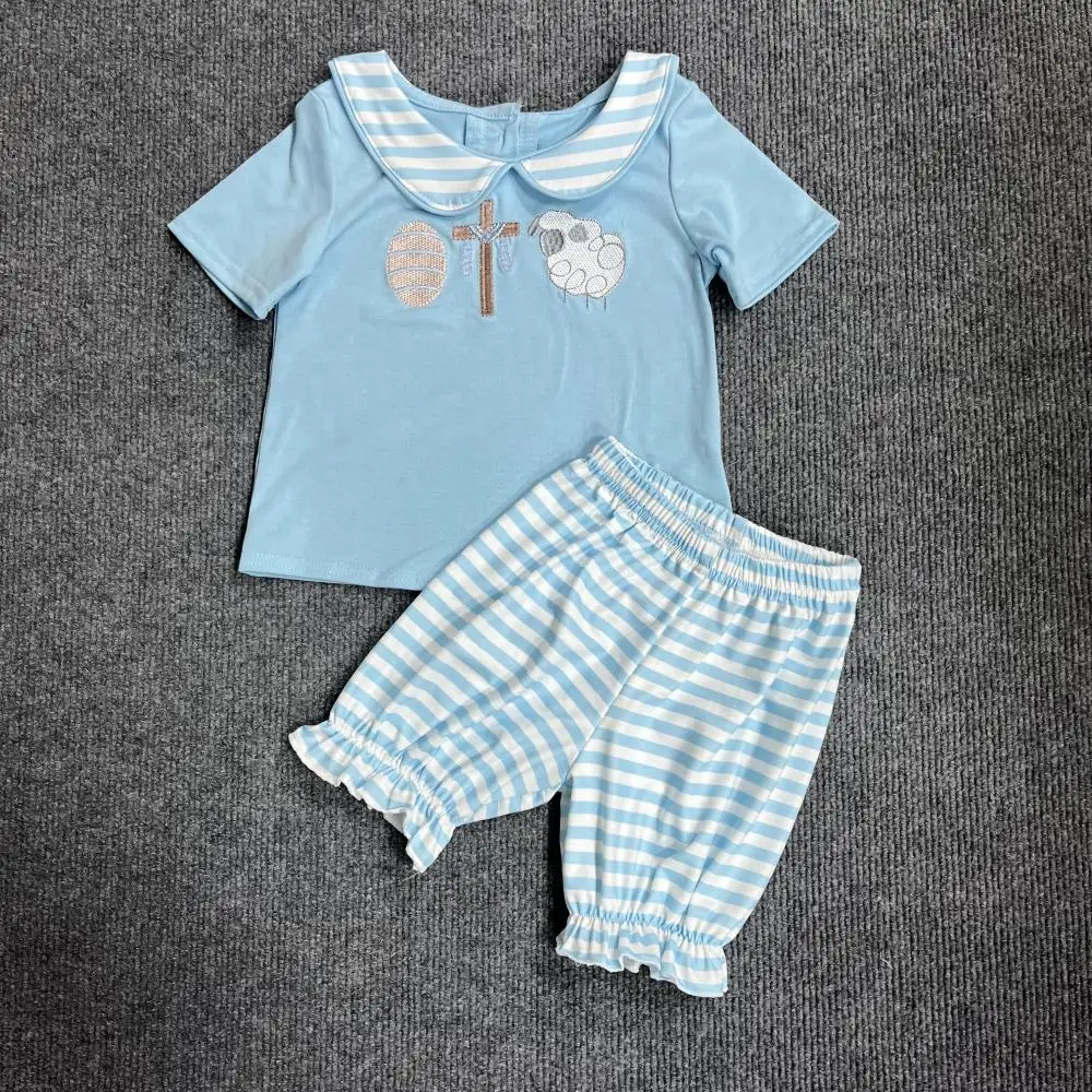 

New Style Bluey Outfits Baby Boy Cotton Clothes Set Sheep Embroidery Bodysuit Toddler Babi Sleeve T-shirt Stripe Easter Shorts